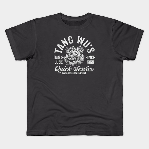 Tang Wu's Gas and Lube - Biker Style (1-Color - Worn - Reverse) Kids T-Shirt by jepegdesign